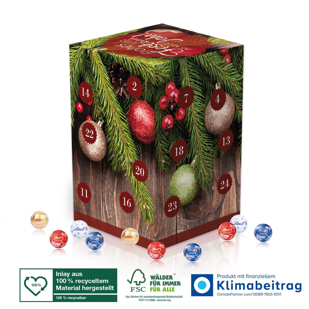 Individuell gestaltbarer Adventskalender Cube „XL“ mit fünf großen Werbeflächen, ideal für kreative und persönliche Werbegeschenke an KundInnen oder MitarbeiterInnen.