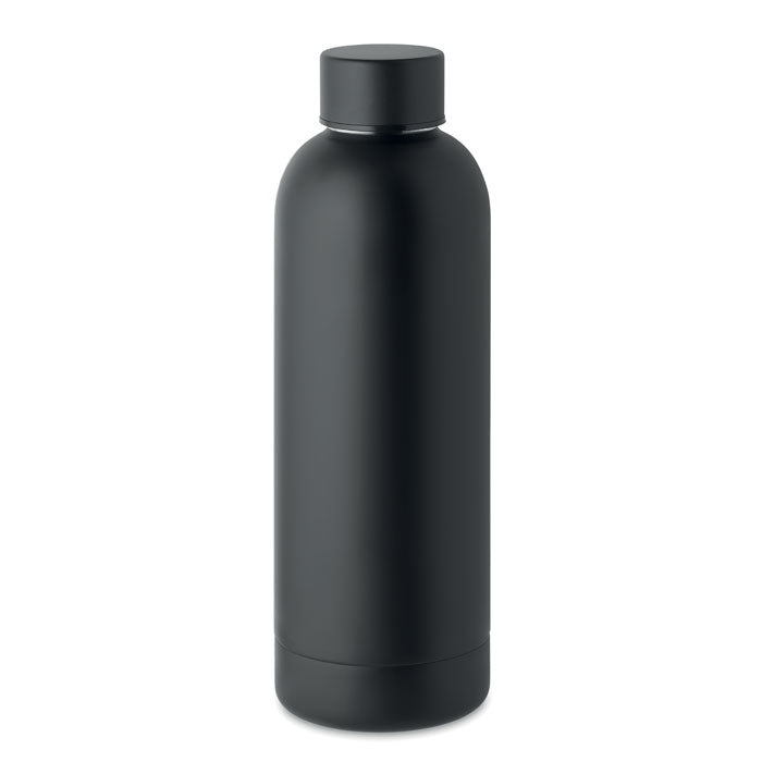Isolierflasche Athen aus recyceltem Edelstahl mit einem wunderschönen Logodruck auf der Frontseite der Flasche, In der Farbe schwarz