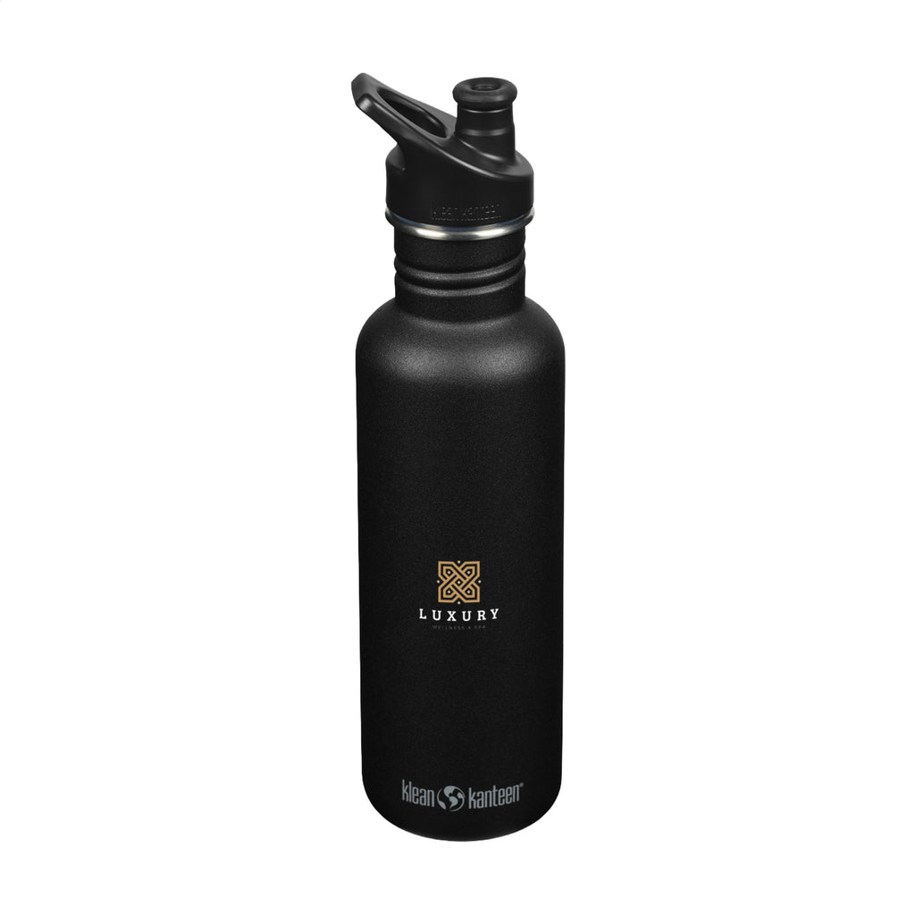 Nachhaltige Wasserflasche klimaneutral produziert aus recyceltem Edelstahl Flaschenfarbe und Schraubverschluss schwarz. Mit einem zweifarbigem Logo auf der Front. 