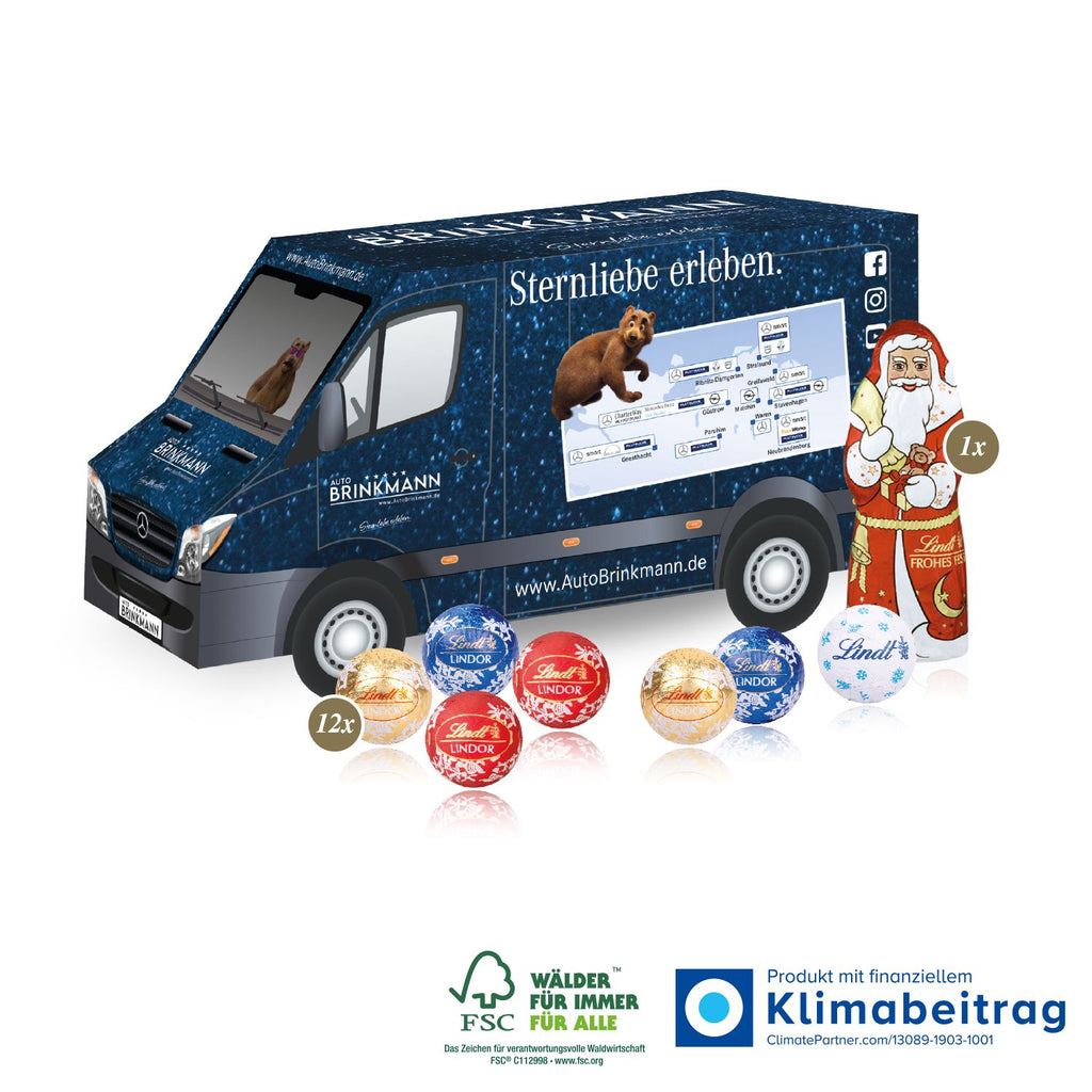 Festlich gestalteter 3D Präsent Transporter mit Lindt Minis und Weihnachtsmann, ideal als Kundengeschenk für Weihnachten und für süße Genussmomente.