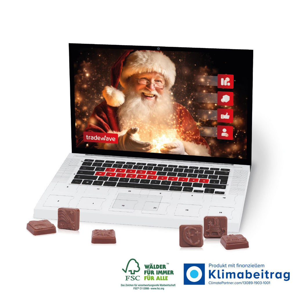 Laptop Adventskalender in deinem Design gestalten. Süße Freude bereiten mit Schokolade in Confiserie-Qualität.