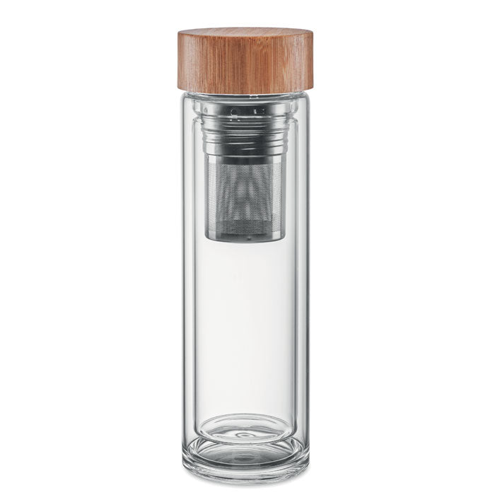 Wunderschöne Glasflasche dopperlwandig aus Borosilikat-Glas extra bruchfest und stabil. Mit integriertem Teesieb und eleganten Bambusdeckel.