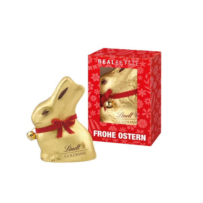 Lindt Goldhase mit Glöckchen in Werbekartonage für dein Unternehmen bedrucken.