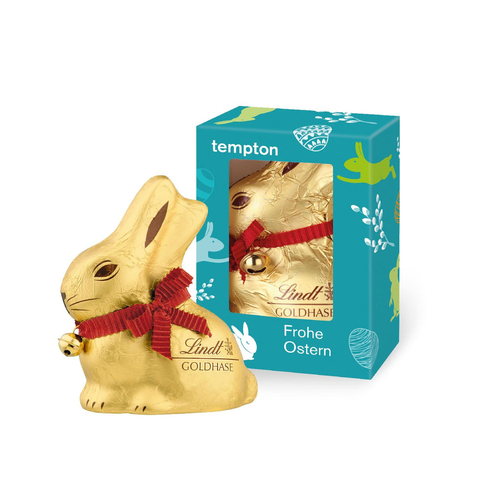 Lindt Goldhase in Werbekartonage individuell bedrucken für dein Unternehmen.