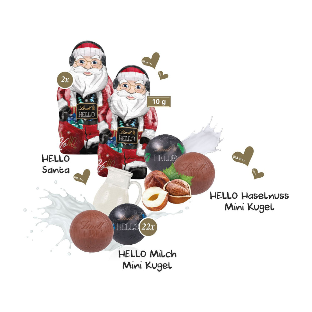 22 Stück Lindt HELLO „Mini´s“ (bunt sortiert) sowie zwei Stück Lindt HELLO Santa (ca. 120 g)