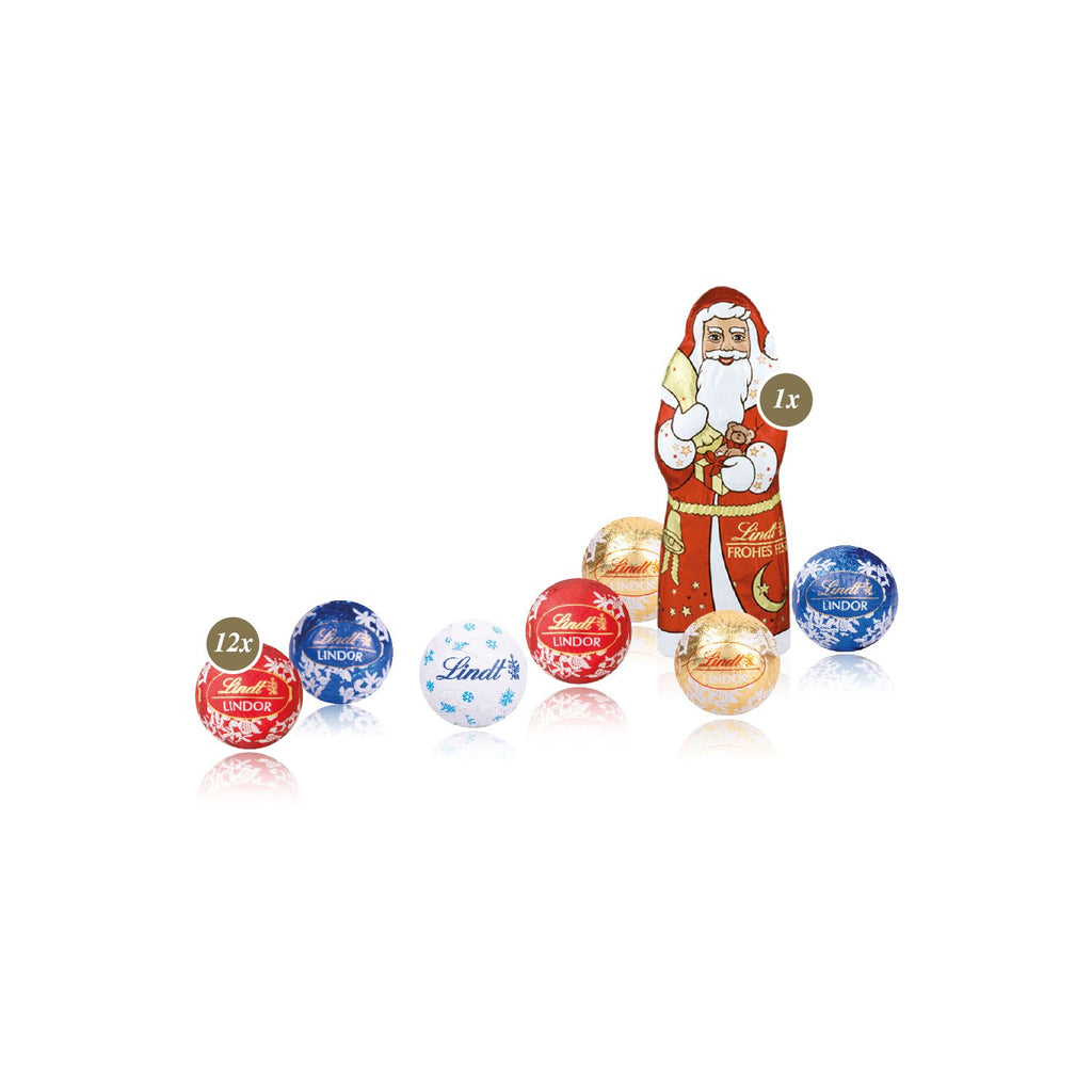 12 Stück Lindt Minis (ca. 55 g) und ein zartschmelzender Lindt Weihnachtsmann (10 g). Geschmacksrichtungen bunt gemischt