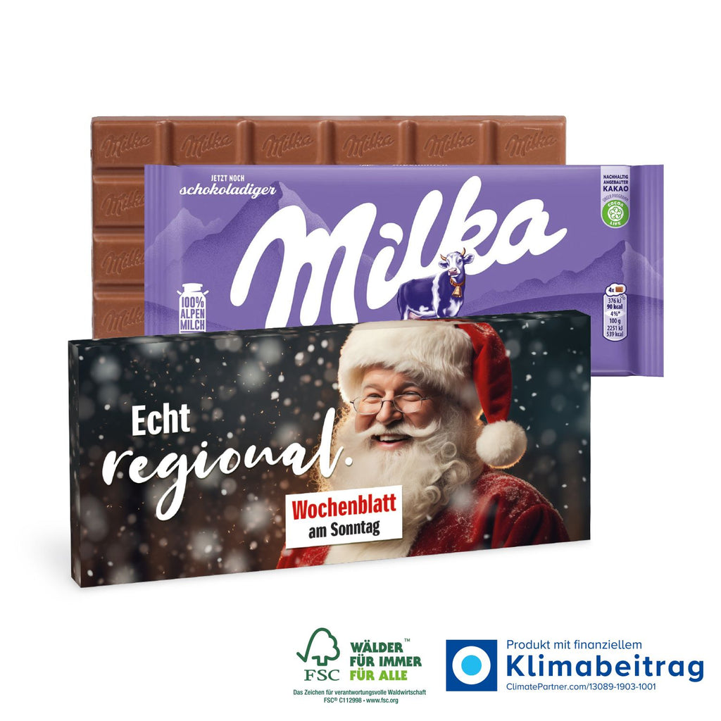 Milka Schokoladentafel in Werbekartonage mit deinem Logo bedrucken.