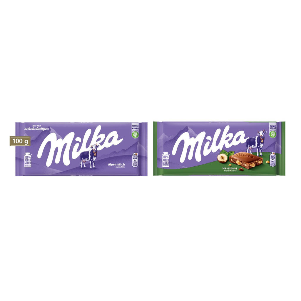 1 Schokoladentafel (100 g) von Milka. Geschmacksrichtungen: Alpenmilch oder Haselnuss