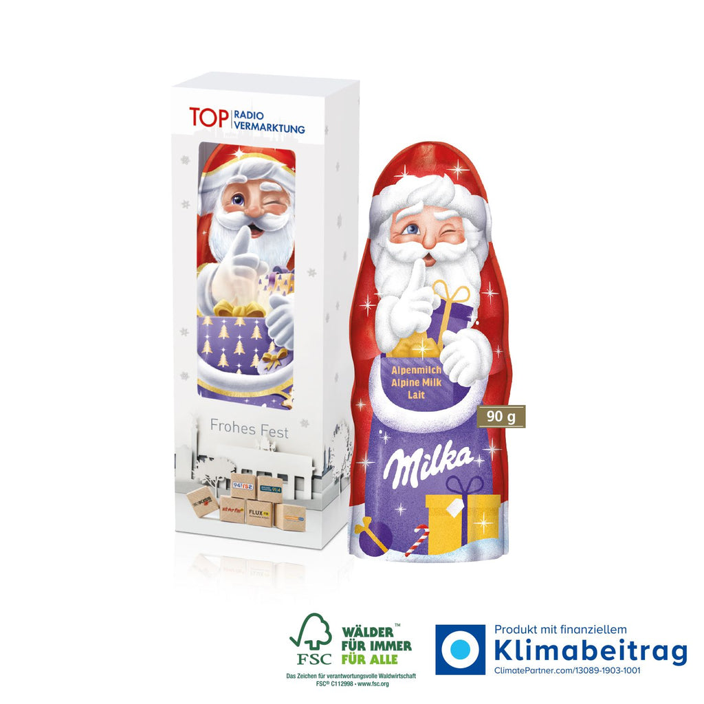 Milka Weihnachtsmann in Werbekartonage mit Logo bedrucken.