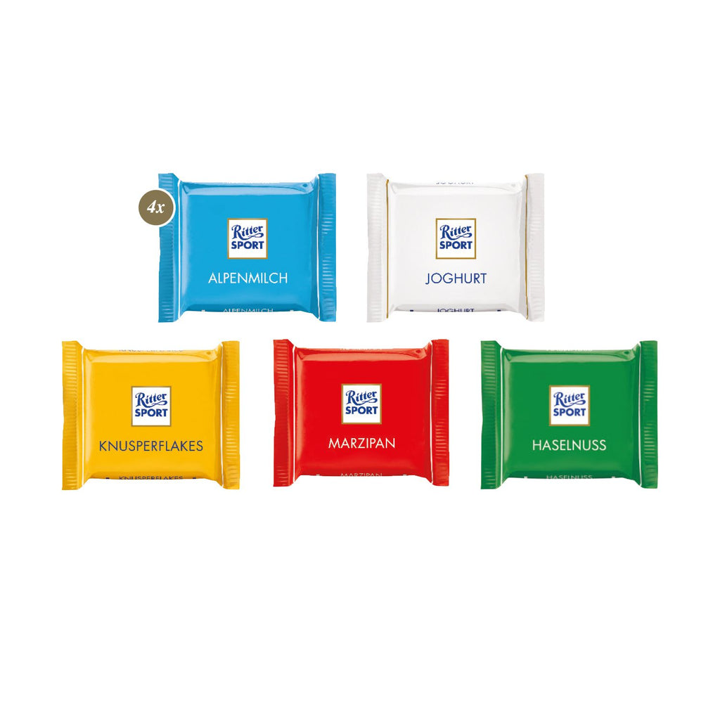 4 Stück (ca. 66 g) feine Ritter SPORT „Mini“ in fünf ausgewählten Geschmacksrichtungen: Alpenmilch, Joghurt, Knusperflakes, Marzipan und Haselnuss gemischt.