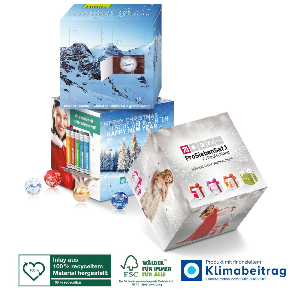 Nachhaltiger Adventskalender Lindt „Cube“ aus FSC®-zertifiziertem Karton, der umweltfreundlich und nachhaltig ist.