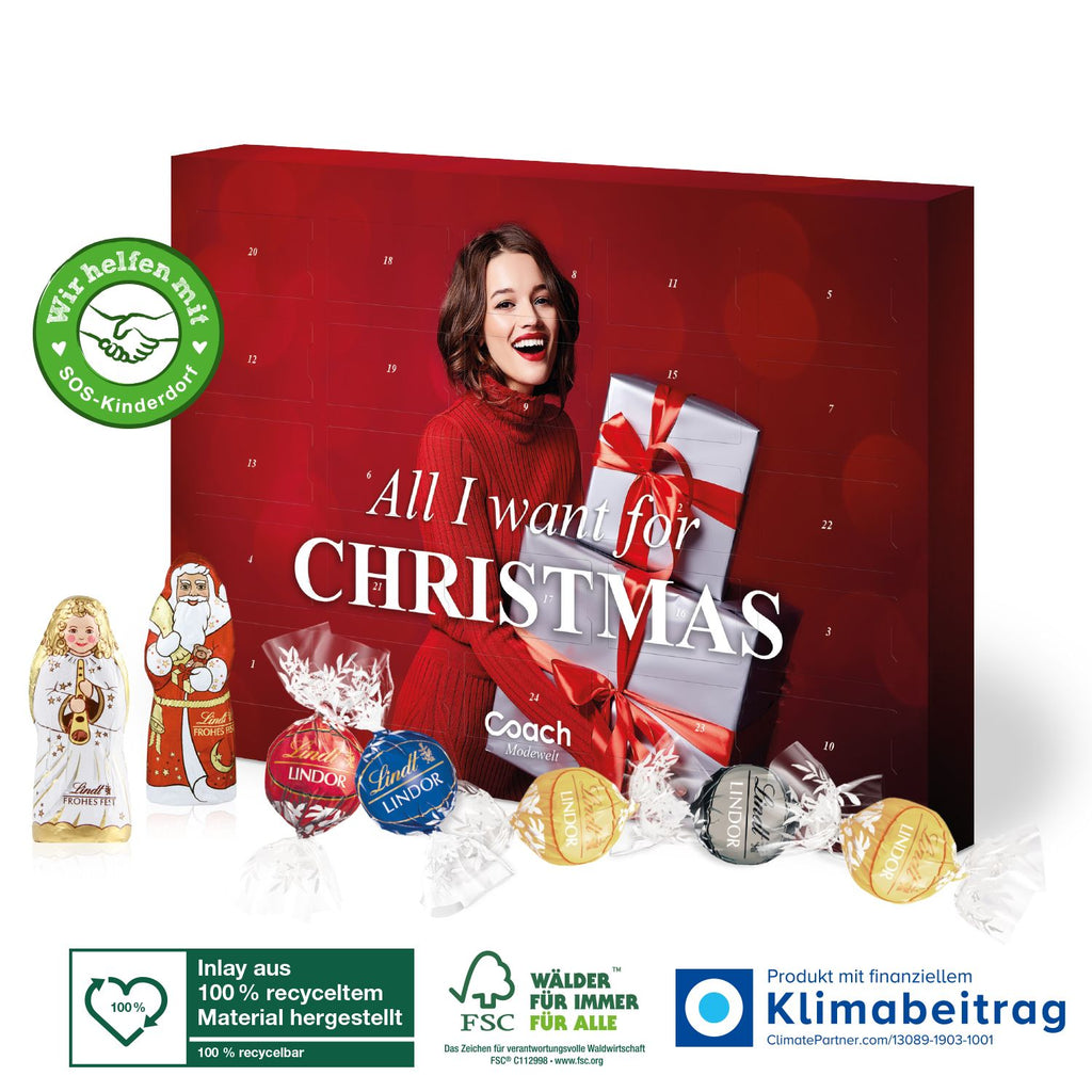 Nachhaltiger Adventskalender Lindt Lindor mit einem Inlay aus 100 % recyceltem Material und einer Aromaschutzverpackung, die ebenfalls recycelbar ist.