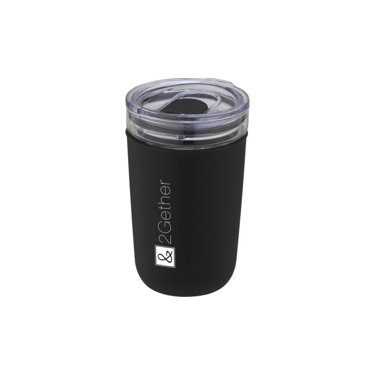Nachhaltiger Gasbecher mit Außenwand und einem zweifarbigem Logodruck Schwarz