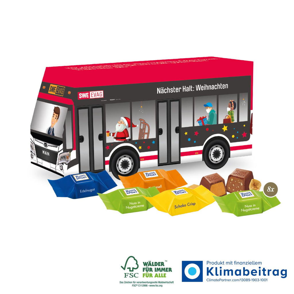 3D Präsent Bus mit bunt gemischten Ritter SPORT Schokowürfeln. Klimaneutral und nachhaltig, mit FSC-zertifiziertem Karton und Rainforest Alliance-zertifiziertem Kakao.