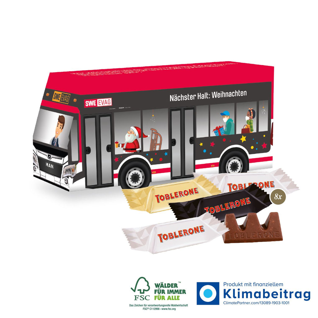 Nachhaltiger 3D Bus mit Toblerone Minis, klimaneutrales Werbegeschenk mit FSC-zertifiziertem Karton.