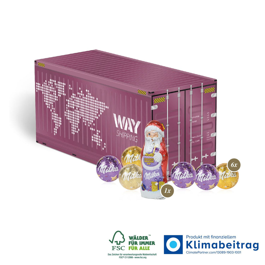 Nachhaltiger 3D Container gefüllt mit köstlichen Milka Kugeln und zartschmelzendem Weihnachtsmann. Ideal für die Transport- und Logistikbranche.