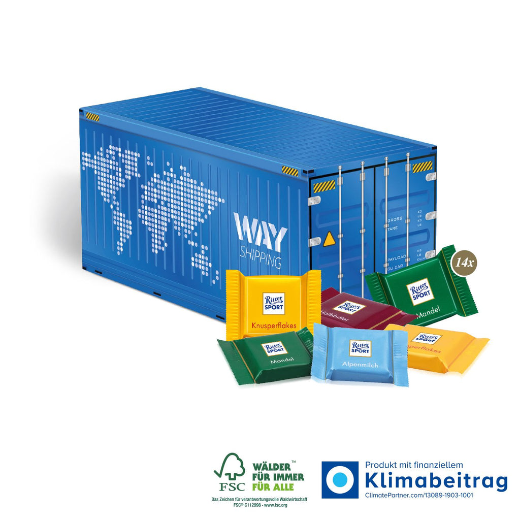 3D Präsent Container mit bunt gemischten Ritter SPORT Schokotaefelchen, FSC®-zertifiziert. Individuelles Weihnachtsgeschenk für Kundinnen und Mitarbeiterinnen von Vanilla & Pepper.