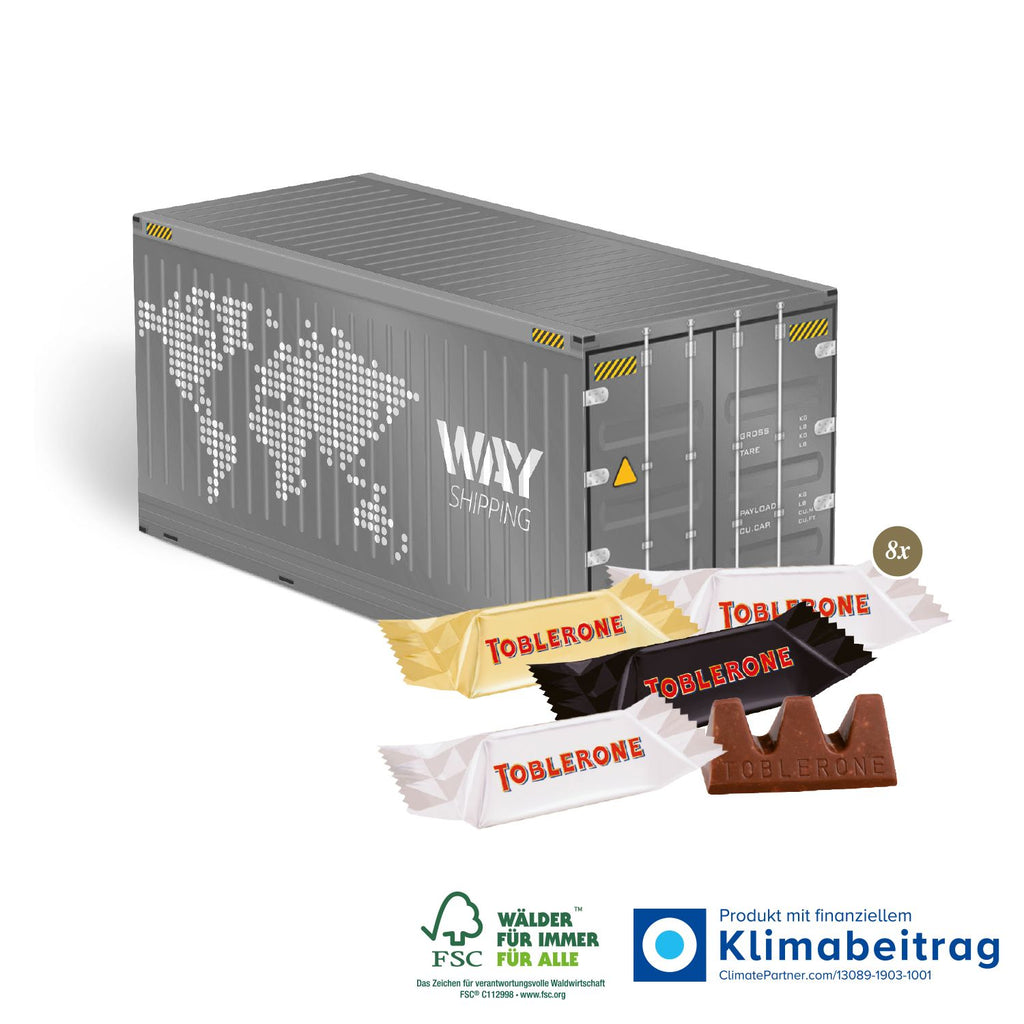 Nachhaltiger 3D Container gefüllt mit Toblerone Minis in verschiedenen Geschmacksrichtungen. Ideal für die Transport- und Logistikbranche.