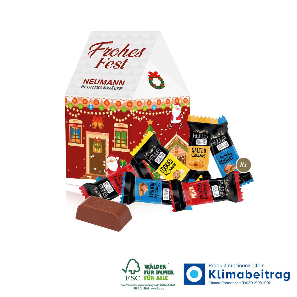 Nachhaltiger 3D Haus Adventskalender gefüllt mit Lindt HELLO Mini Stick Mix. Ideal für die Immobilienbranche.