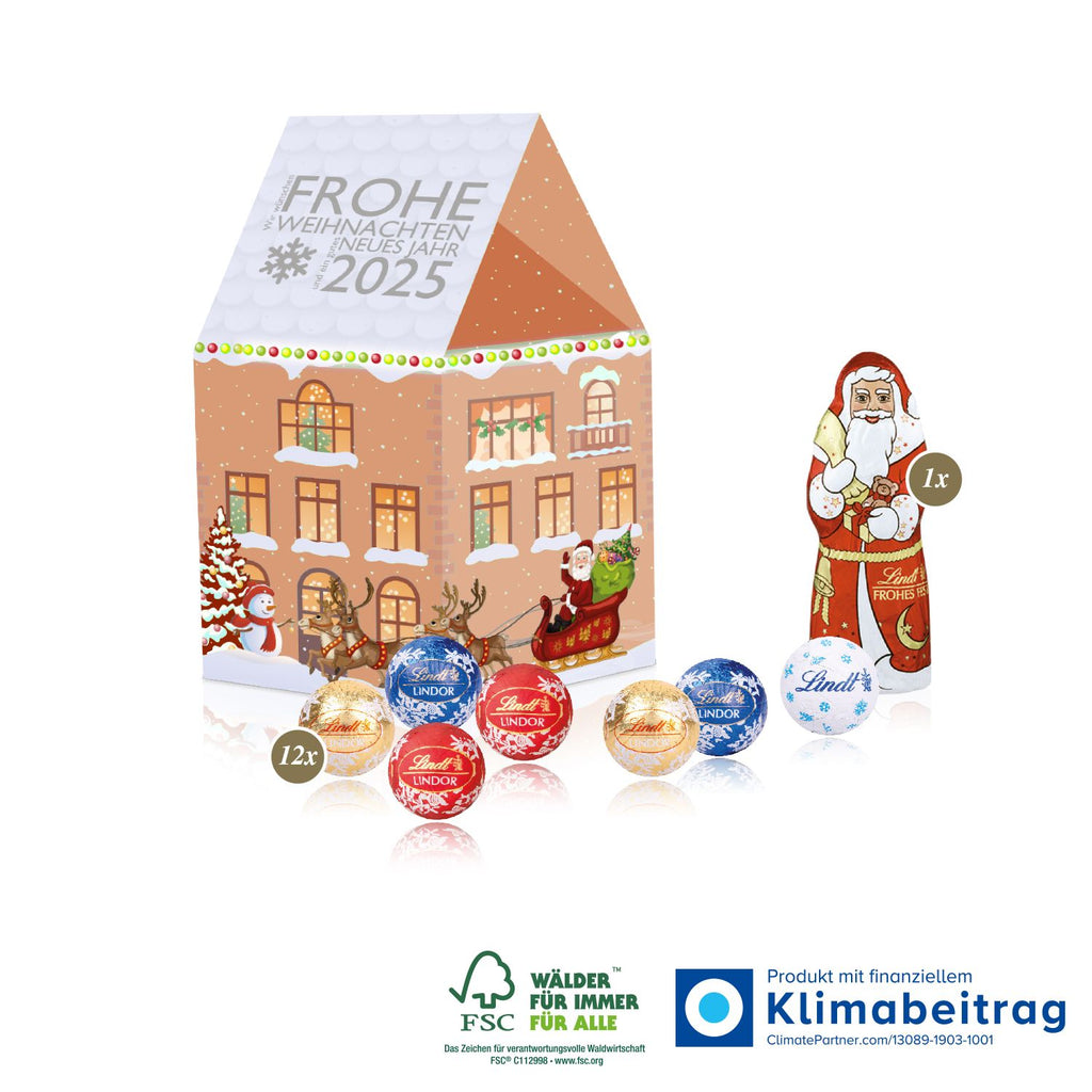 Nachhaltiger 3D Haus Adventskalender gefüllt mit Lindt Minis und einem Lindt Weihnachtsmann. Ideal für die Immobilienbranche.