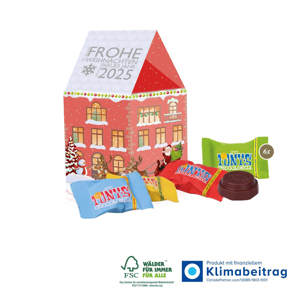 Nachhaltiger 3D Haus Adventskalender gefüllt mit Tiny Tony's Schokolade, FSC®-zertifiziert und ideal für die Immobilienbranche als individuelles Weihnachtsgeschenk.