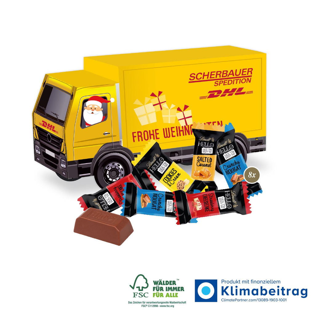 Nachhaltiger 3D LKW Adventskalender gefüllt mit Lindt HELLO Mini Sticks, FSC®-zertifiziert und klimaneutral – das ideale Geschenk für Kunden und Mitarbeiter.