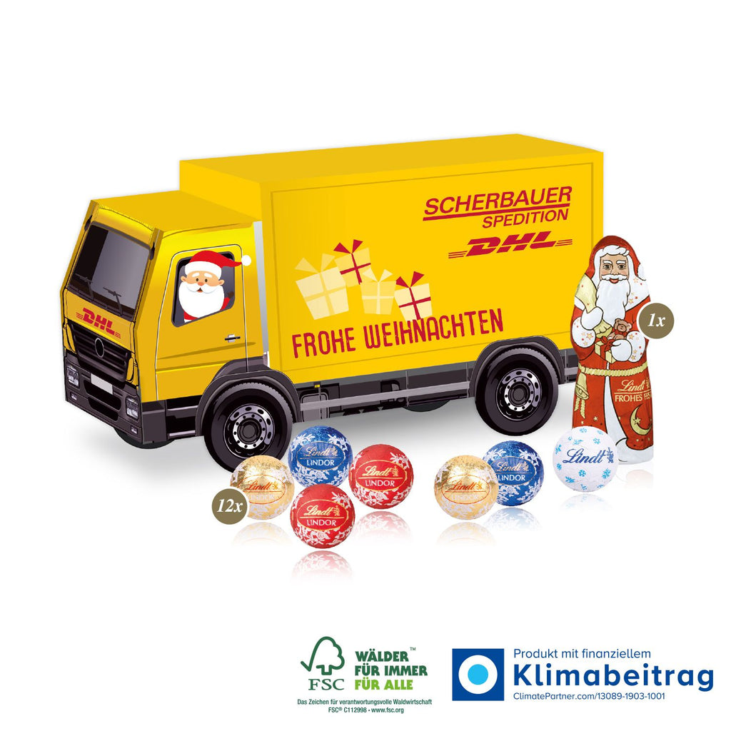 Nachhaltiger 3D LKW Adventskalender mit Lindt Minis und Weihnachtsmann, klimaneutral und aus FSC®-zertifiziertem Karton – das perfekte Weihnachtsgeschenk.