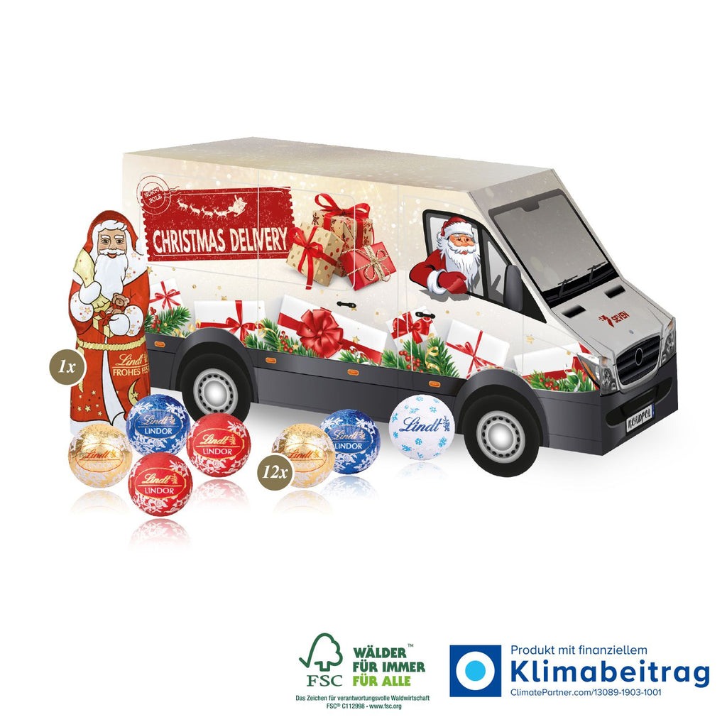 Kreativer Adventskalender Transporter aus FSC®-zertifiziertem Karton, ideal als nachhaltiges Mitarbeitergeschenk in der festlichen Saison.