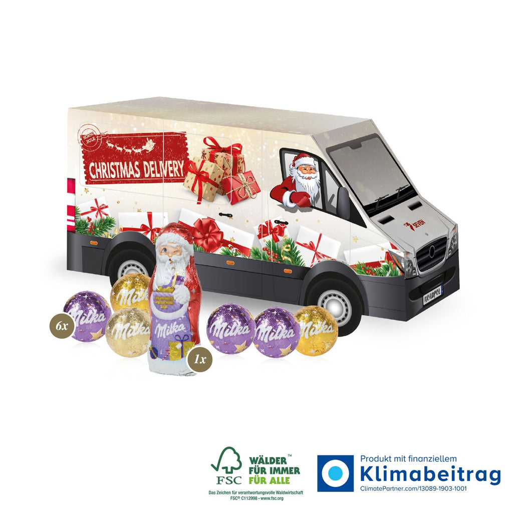 Kreativer Adventskalender Transporter aus FSC®-zertifiziertem Karton, individuell bedruckbar und ideal als nachhaltiges Mitarbeitergeschenk für die Weihnachtszeit.