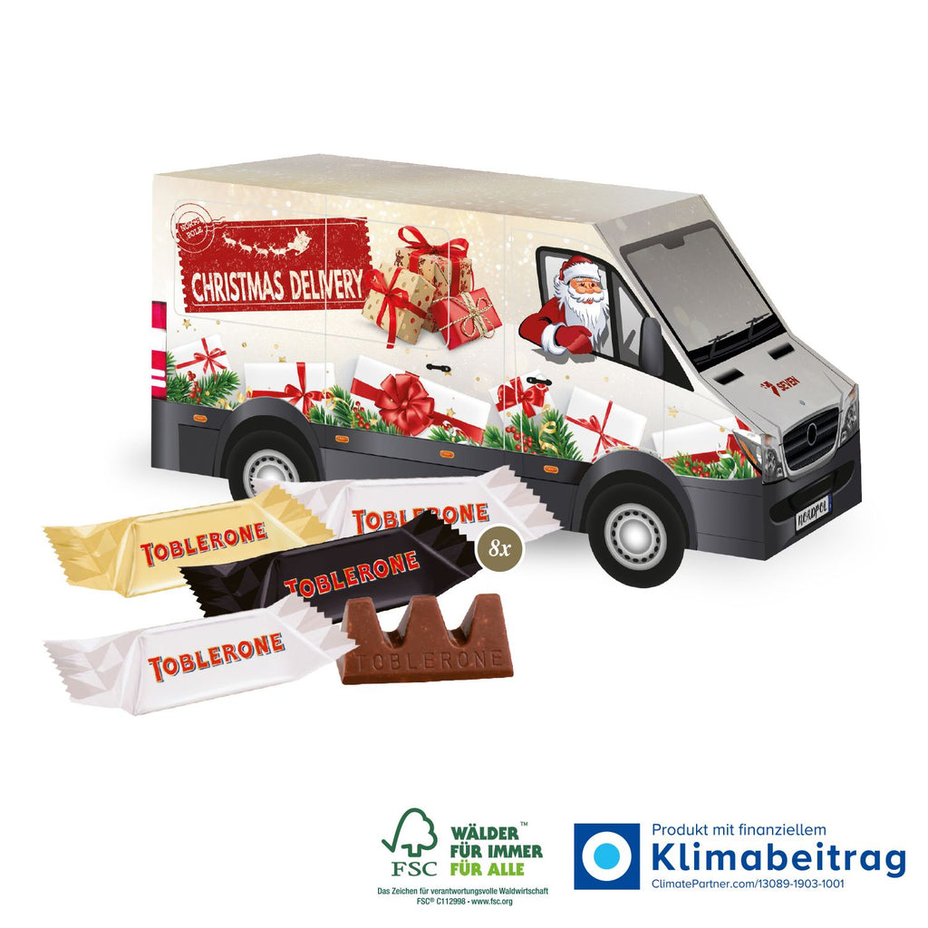 Festlich gestalteter 3D Präsent Transporter mit Toblerone Minis, ideal als Kundengeschenk zu Weihnachten, das köstlichen Genuss in bunten Geschmacksrichtungen bietet.