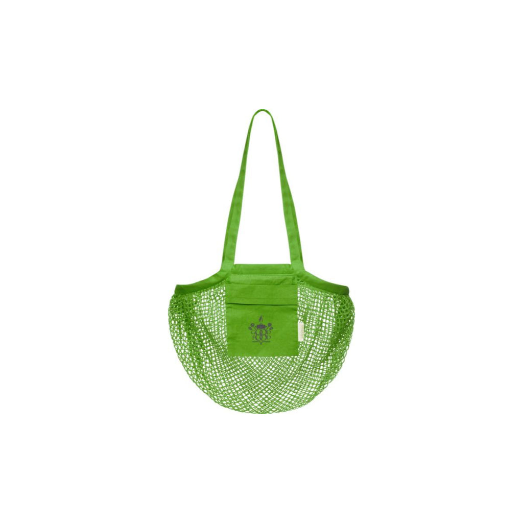 Praktische Netzbaumwolltasche fürs einkaufen GOTS zertifiziert in der Farbe Grün mit einem grauen Logo
