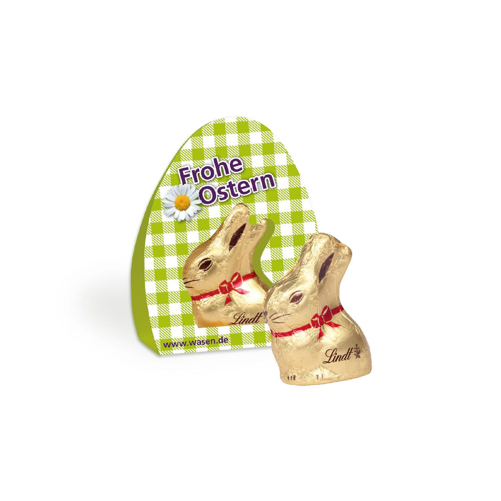 Lindt Goldhase Mini im Werbeaufsteller für deine KundInnen oder MitarbeiterInnen bedrucken lassen.