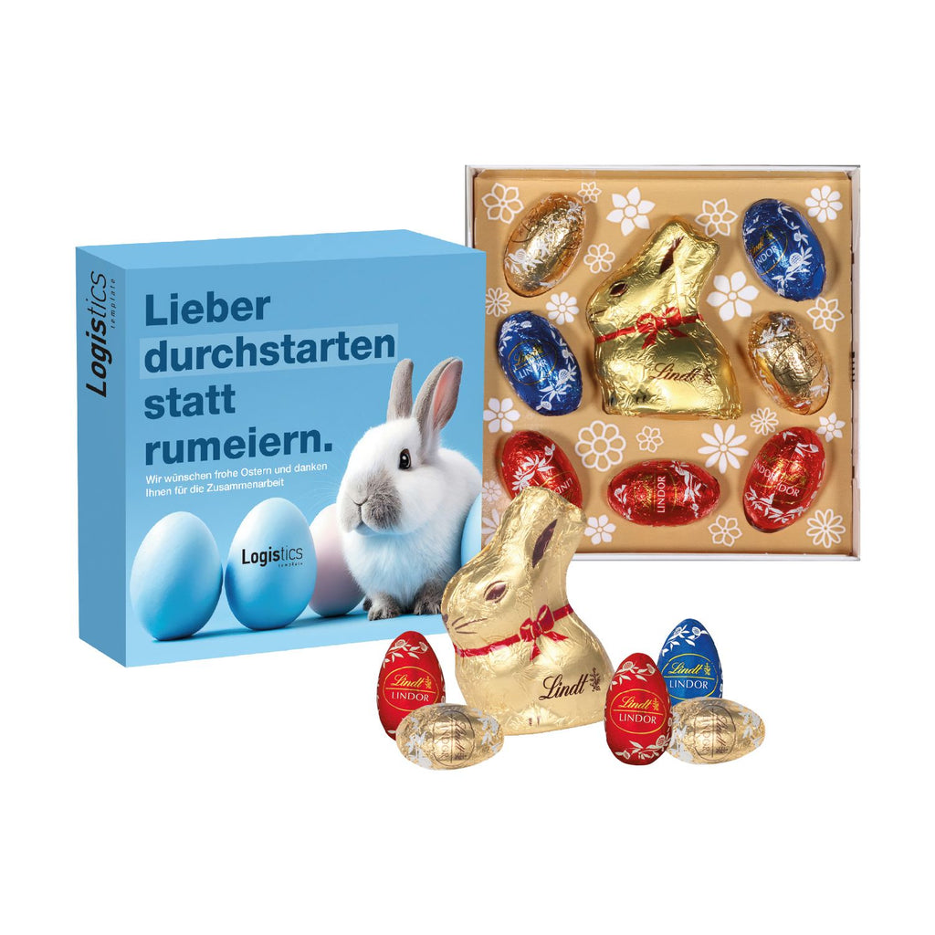 Ostergruss von Lindt mit Schokoladenmischung in individueller Verpackung bedruckt.