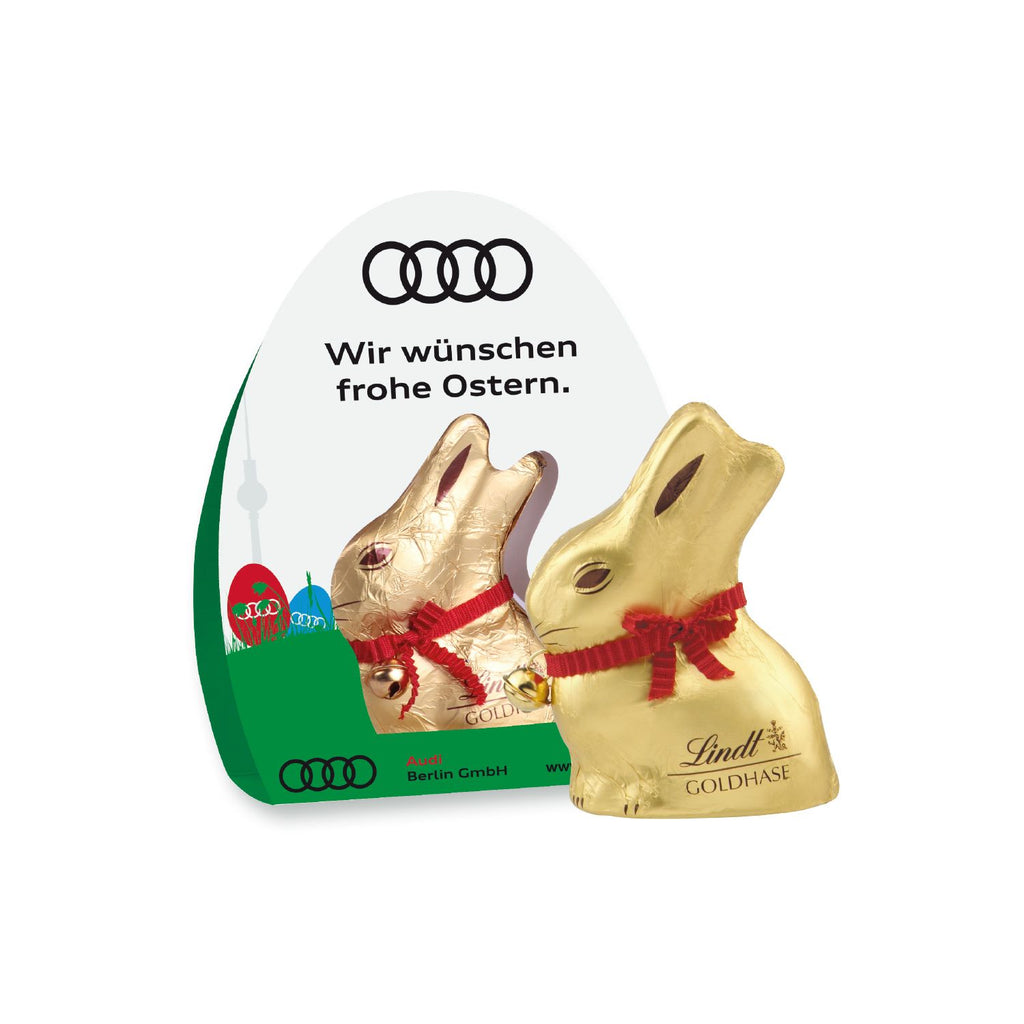 Lindt Goldhase im Werbeaufsteller individuell bedrucken für dein Unternehmen.