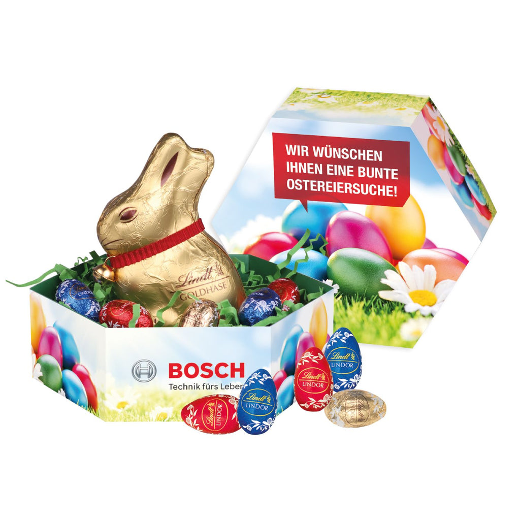 Osterhasen Schokoladenmischung von Lindt in individueller Kartonage bedrucken lassen.