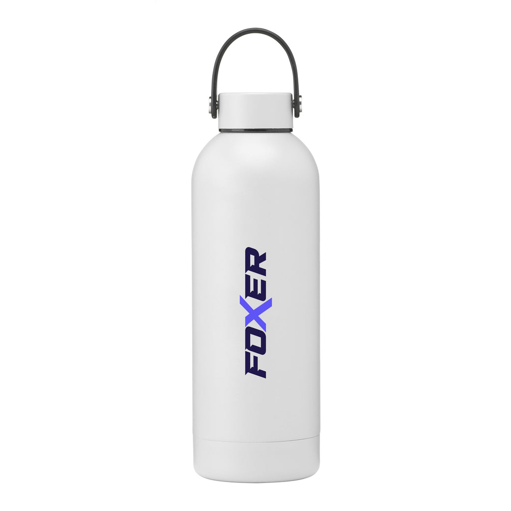 Elegante und praktische Edelstahlflasche aus recyceltem Stahl. Mit einem bunten Logo auf der Front der Flasche. Grau