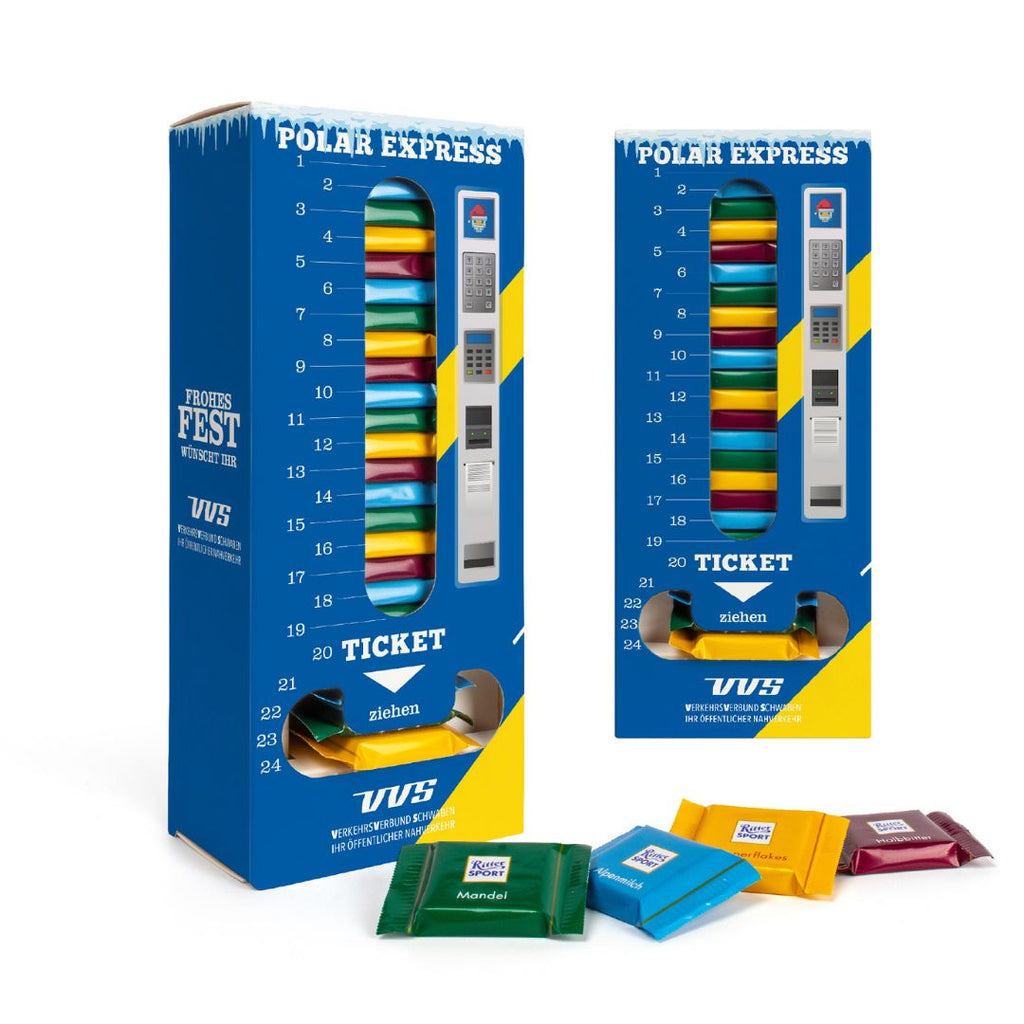 Ritter Sport Adventsspender Turm Eco mit deinem Druck auf der Kartonage.