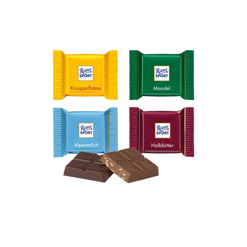 Ritter SPORT Schokotäfelchen  in verschiedenen Sorten als Füllung.