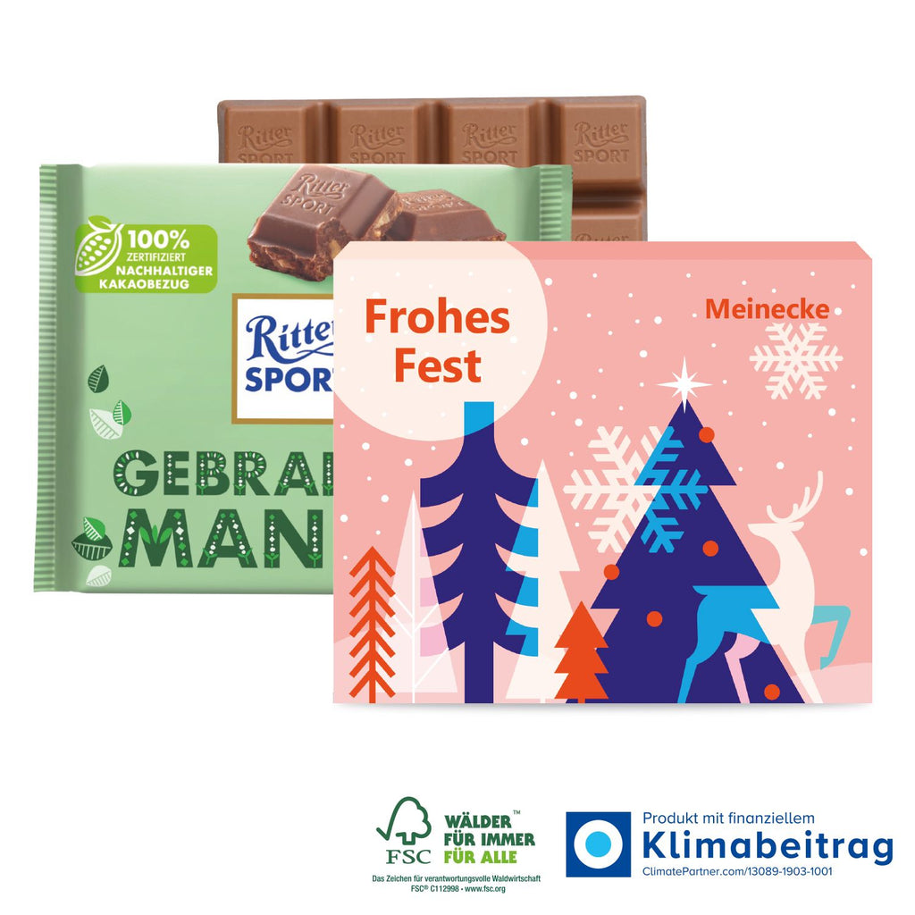 Ritter Sport im Weihnachtsdesign für dein Unternehmen bedrucken.