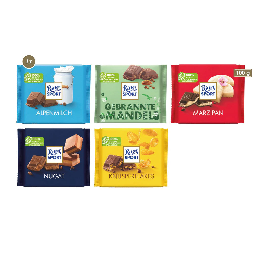 Ritter Sport Schokotafel in verschiedenen Sorten, bunt gemischt.