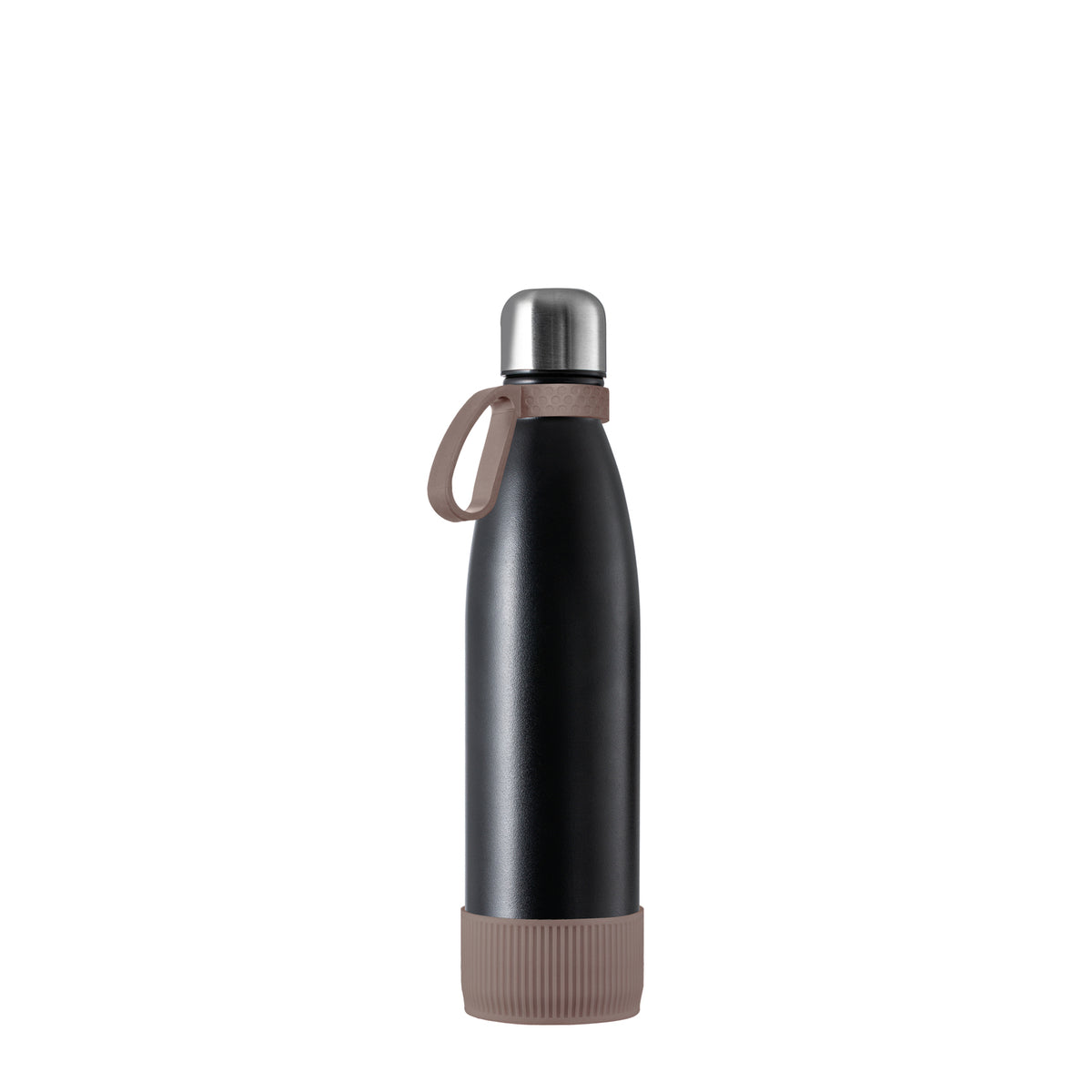 Flasche: schwarz, Ring: braun, Hülle: braun