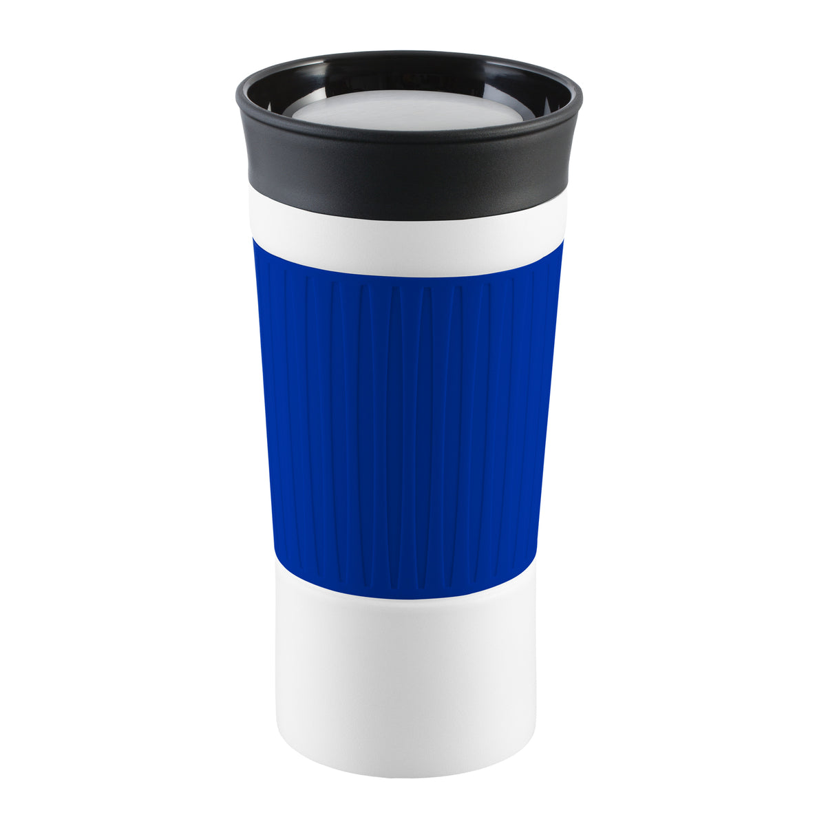 Becher: weiß, Hülle: blau