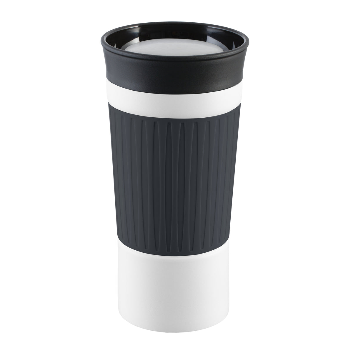 Becher: weiß, Hülle: dunkelgrau