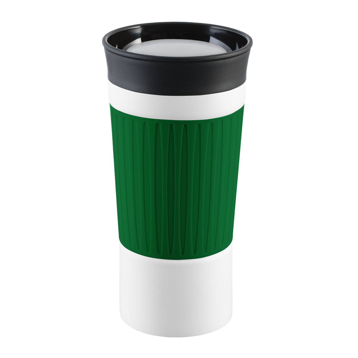 Becher: weiß, Hülle: grün