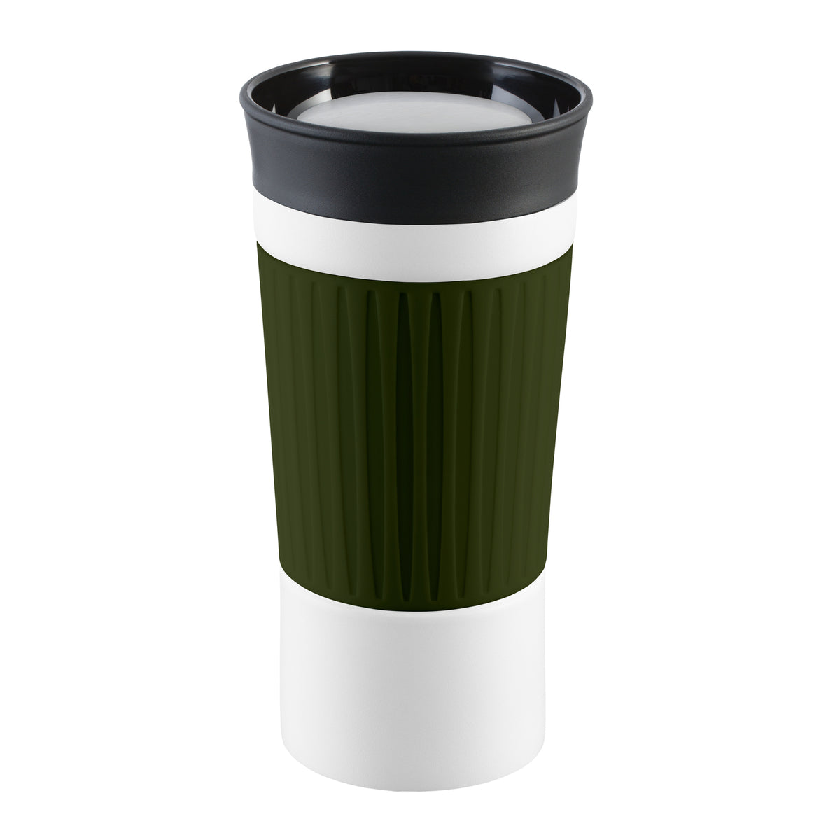 Becher: weiß, Hülle: olivgrün