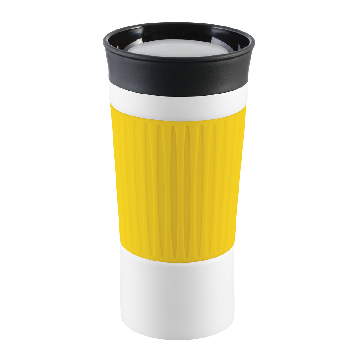 Becher: weiß, Hülle: gelb