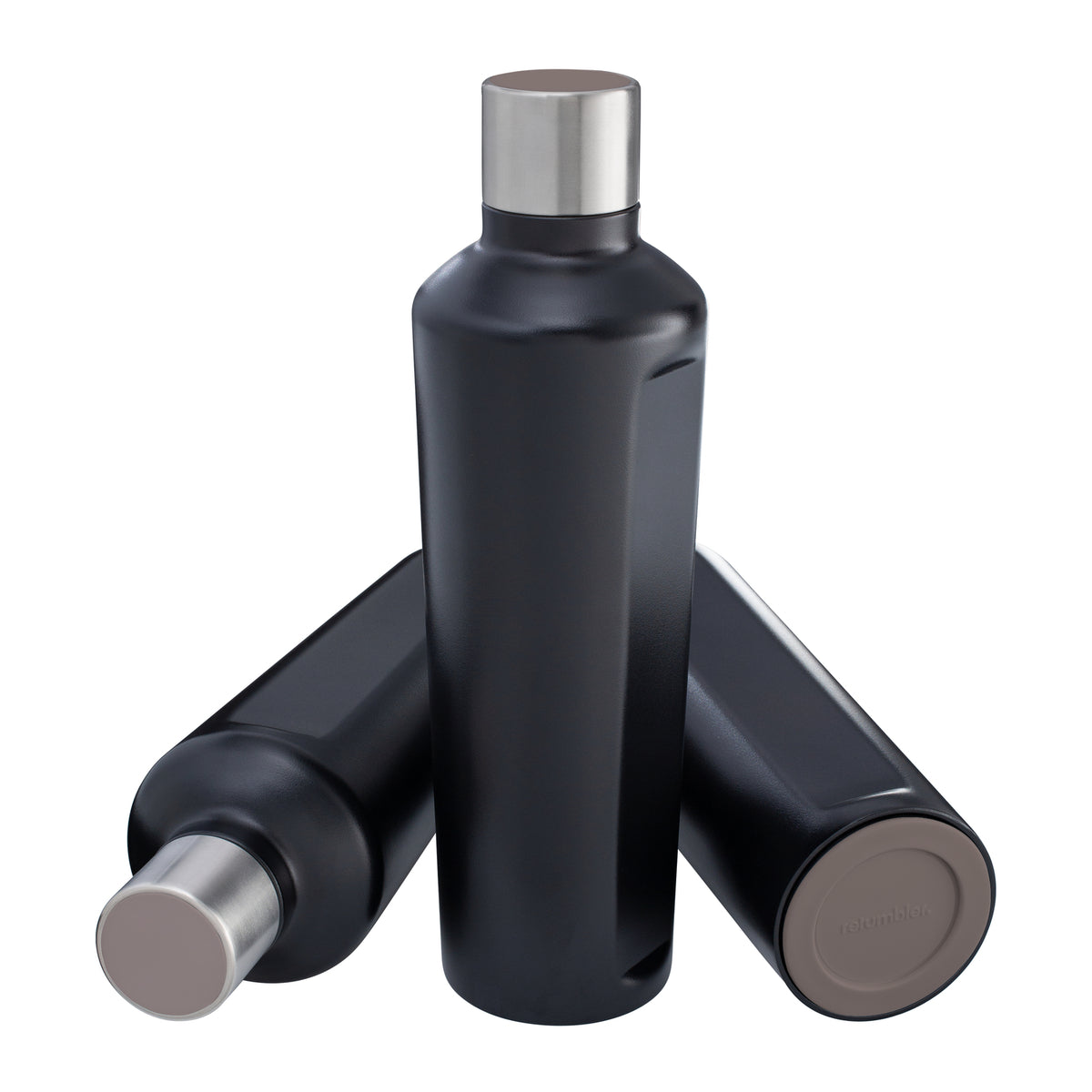 Flasche: schwarz, Deckel: braun, Boden: braun