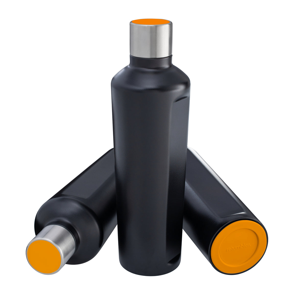Flasche: schwarz, Deckel: orange, Boden: orange