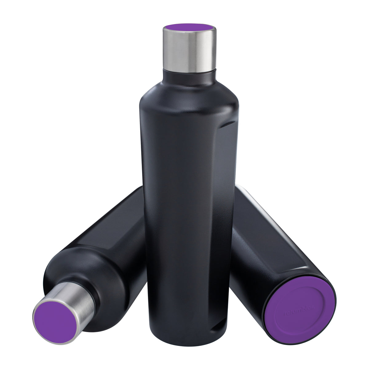 Flasche: schwarz, Deckel: lila, Boden: lila