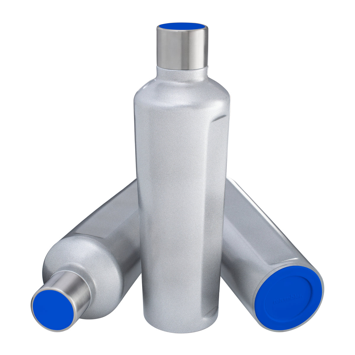 Flasche: silber, Deckel: blau, Boden: blau
